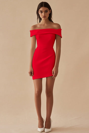 Czerwony Satynowa Odkrytymi Ramionami Krótka Sukienka na Półmetek